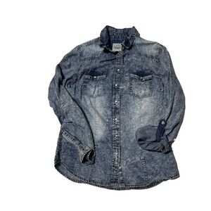 YMI Junior Button Down Shirt Pearl Snap Western Blue Acid Wash Rancher Medium